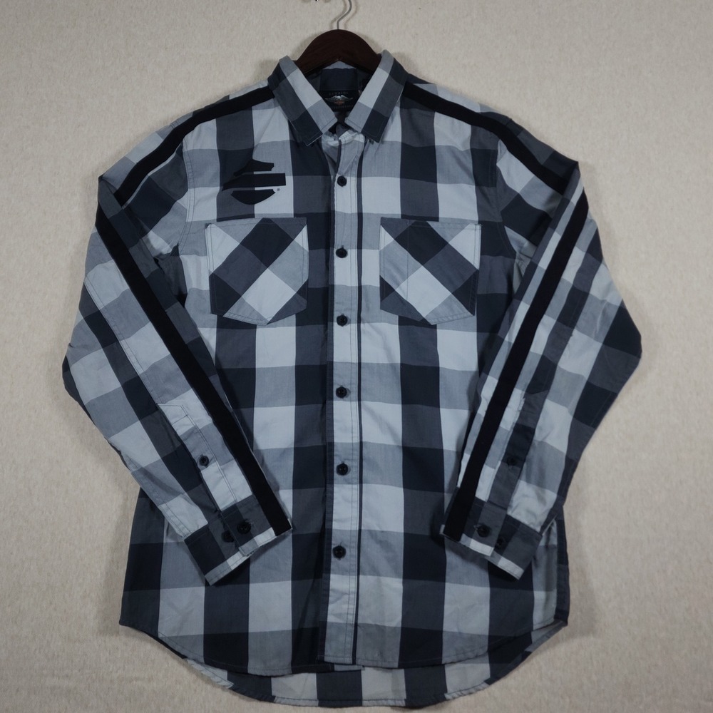 Harley Davidson Shirt Men Medium Gray Black Buffalo Plaid Button Front Wing Logo